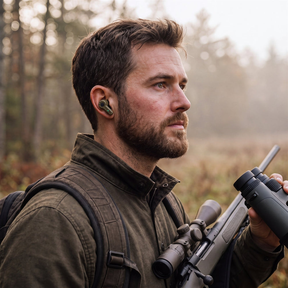 Hunter wearing a Field Signal earbud outdoors