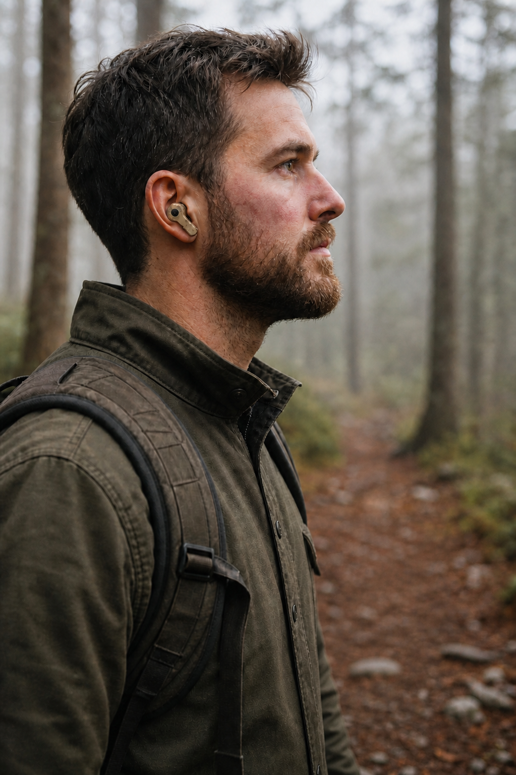 Hunter wearing Field Signal earbuds on a forest trail
