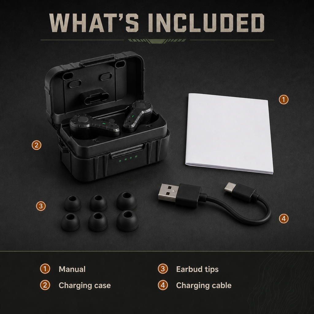 Field Signal Standard with its manual, charging case, earbud tips, and charging cable