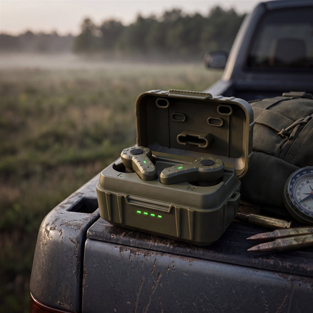 Field Signal earbuds in their open charging case on outdoor gear