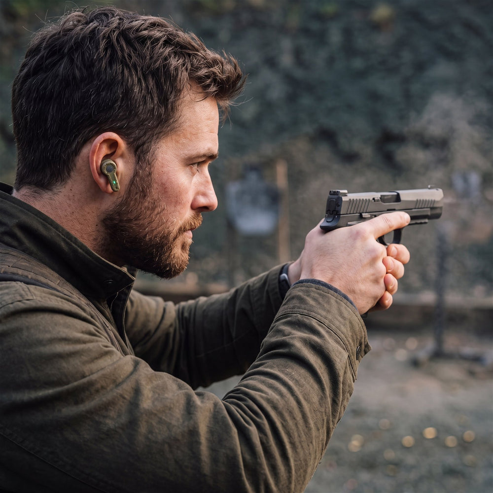 Shooter wearing a Field Signal earbud at an outdoor range