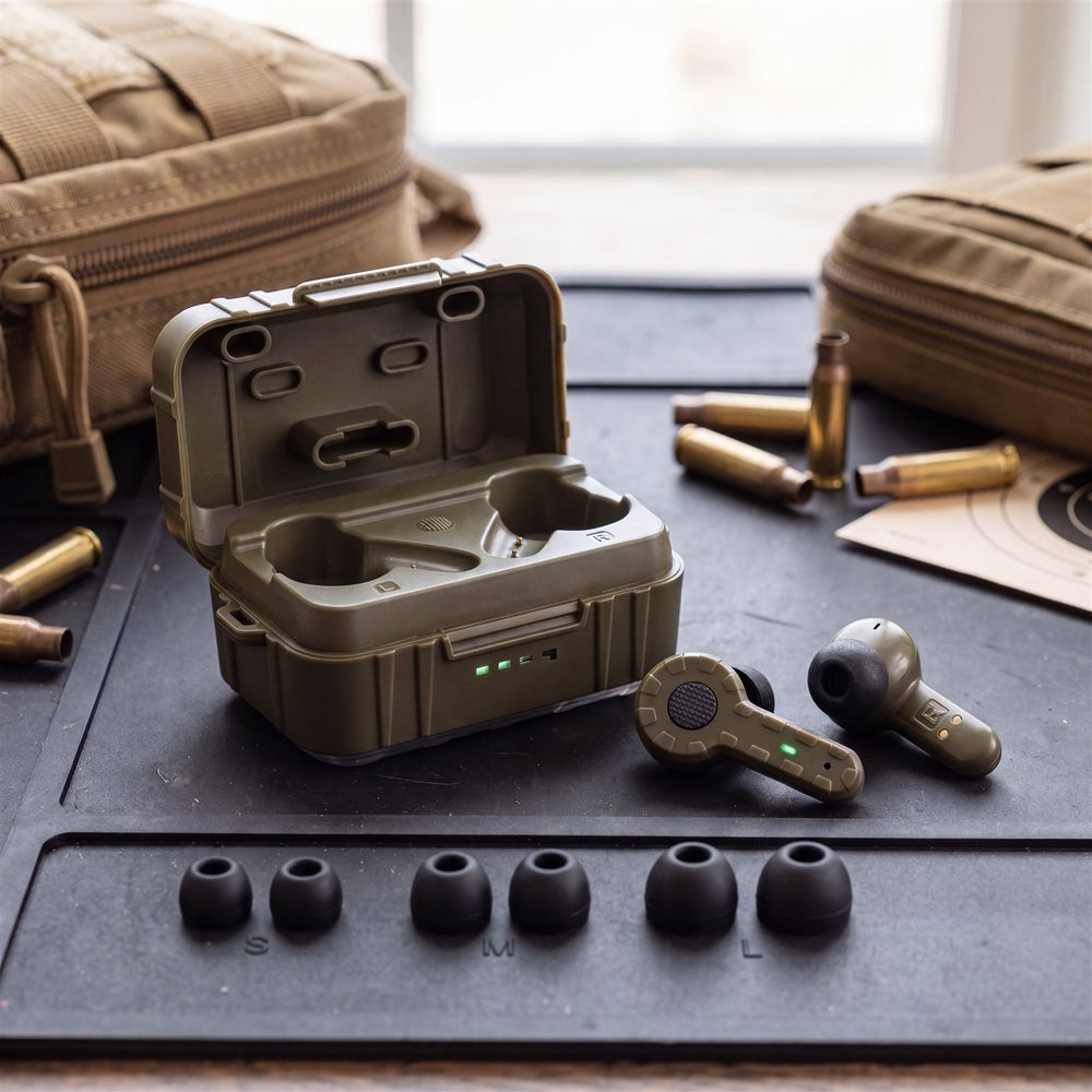 Field Signal earbuds, charging case, and multiple ear tip sizes