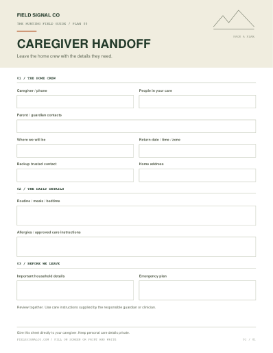 Designed caregiver handoff worksheet