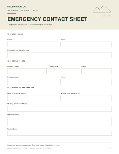 Designed emergency contact sheet worksheet