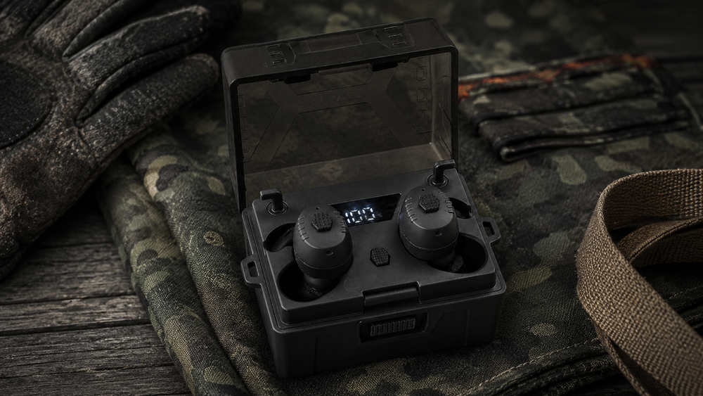 Field Signal Pro earbuds in an LED charging case