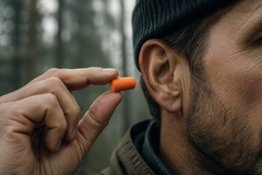 Orange foam earplug held beside an ear