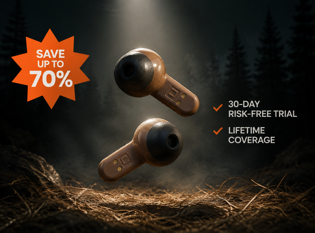 Field Signal earbuds and charging case staged for the hunting season