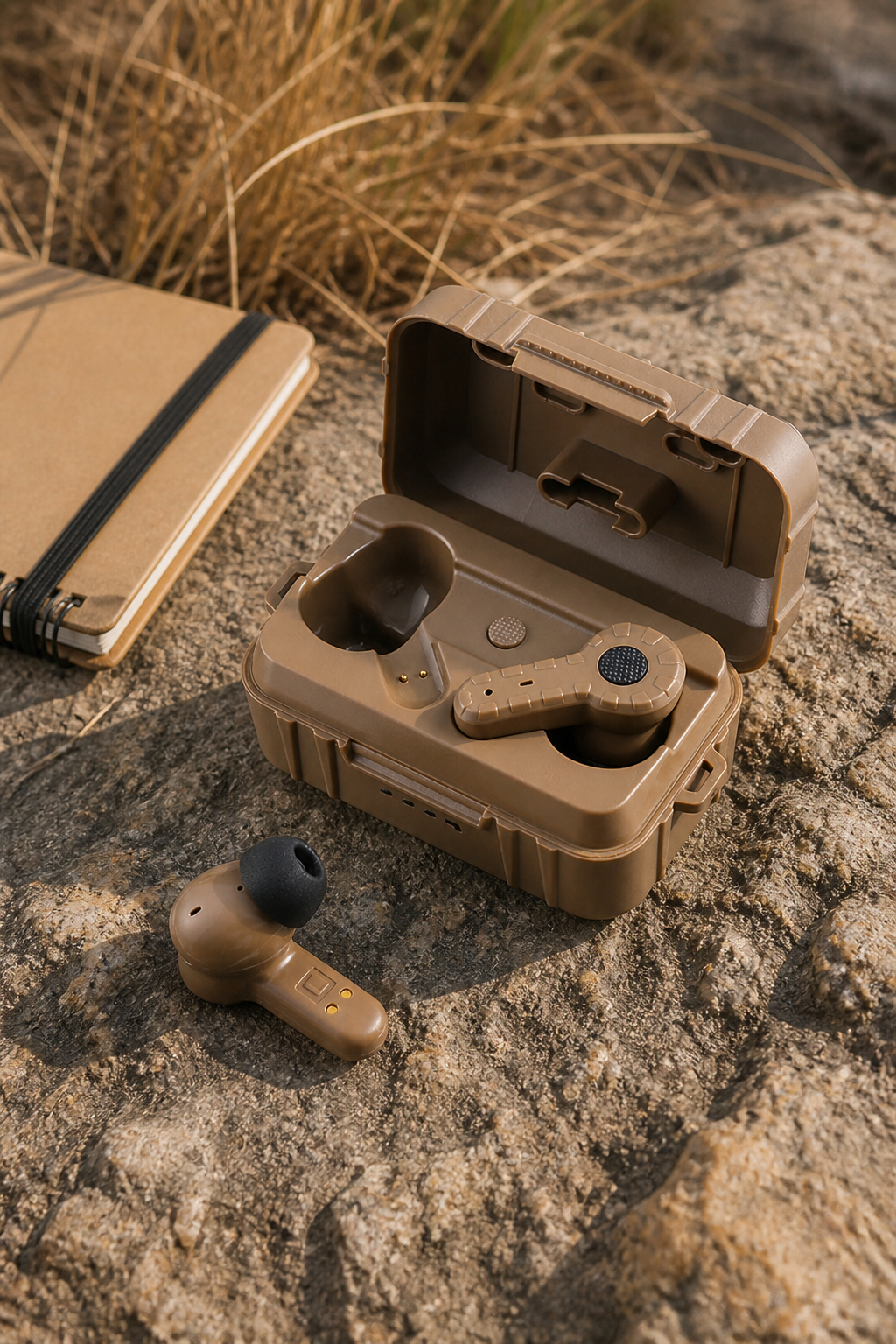 Field Signal earbuds and charging case on a rocky outdoor surface