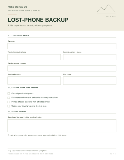 Designed lost-phone backup worksheet