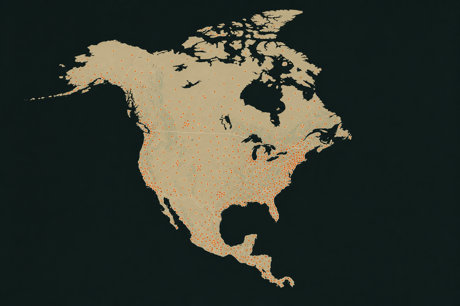 A dotted map of North America representing Field Signal customers across the United States, Canada, and Mexico