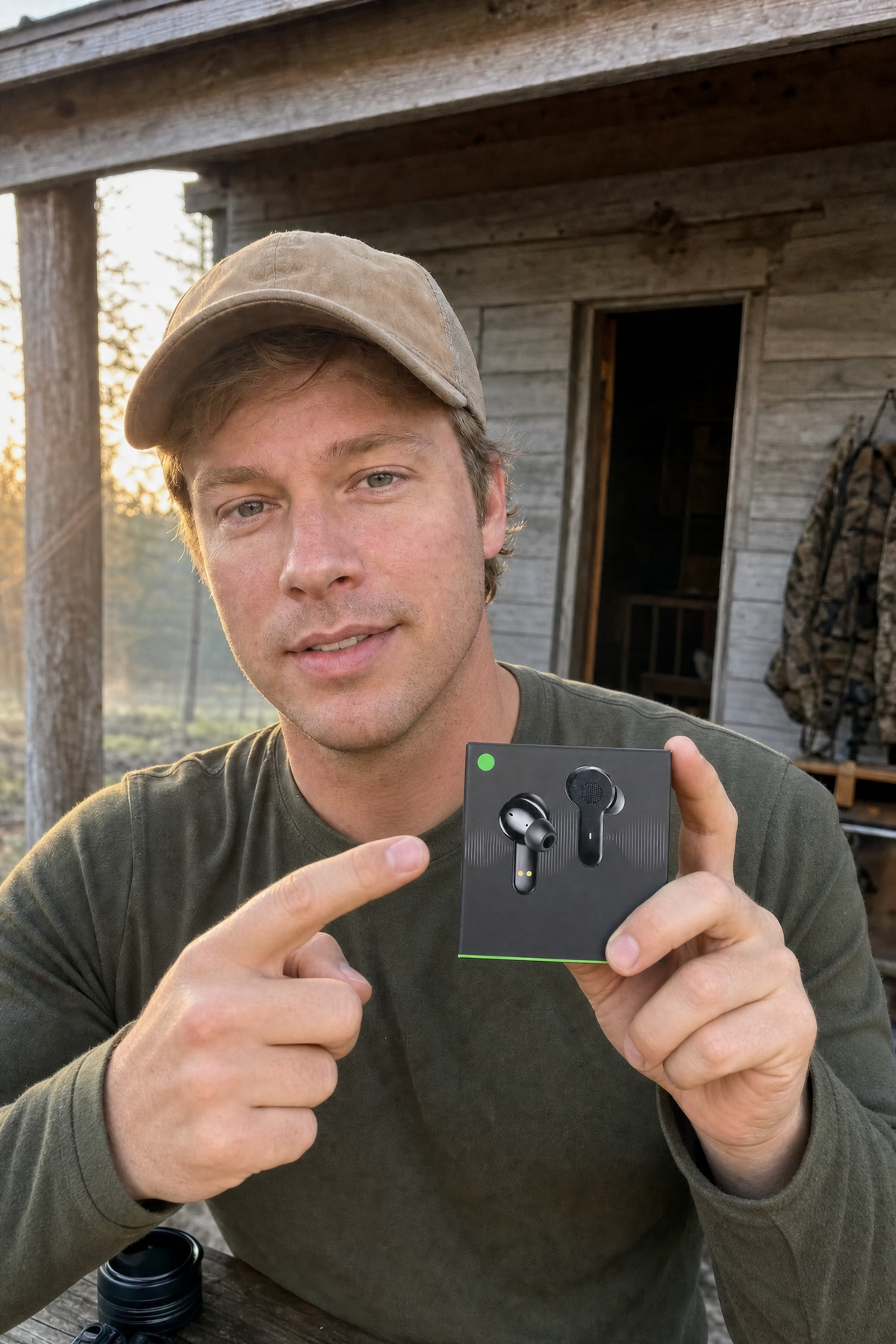 Hunter holding Field Signal product outside a cabin