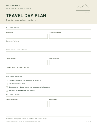 Designed travel day plan worksheet
